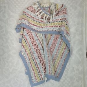 Cabi Siesta gray red yellow ivory poncho cape shawl scarf front fringe buttons S